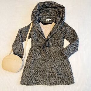 Black White Tweed Coat Belted Hooded Peacoat Women’s Medium Classic Fall Winter